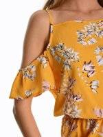 Cold-shoulder floral print short jumpsuit