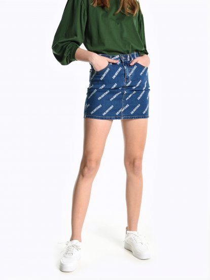 Printed denim mini skirt