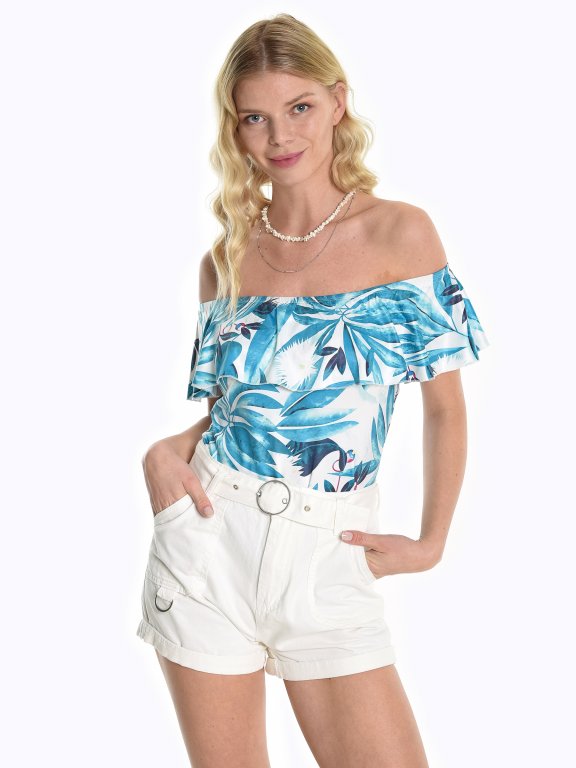 Floral print off-the-shoulder bodysuit with ruffle