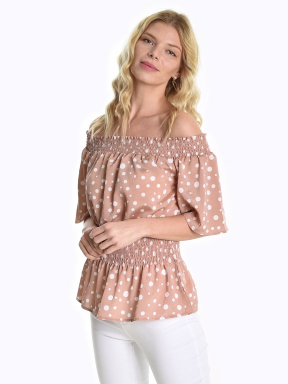 Off-the-shoulder polka dot print blouse