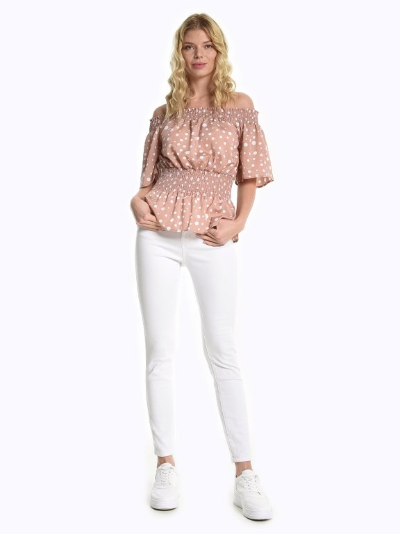 Off-the-shoulder polka dot print blouse