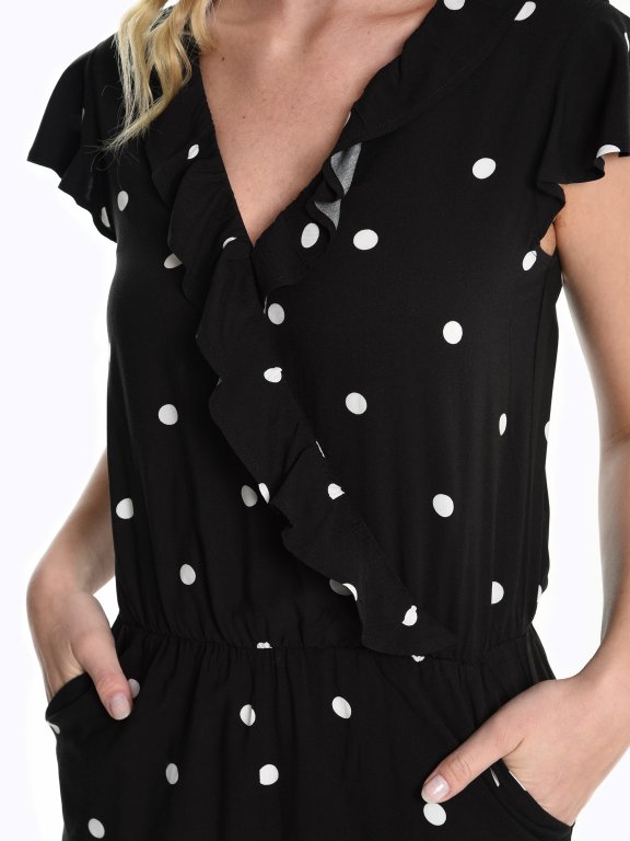 Polka dot print short jumpsuit with ruffles