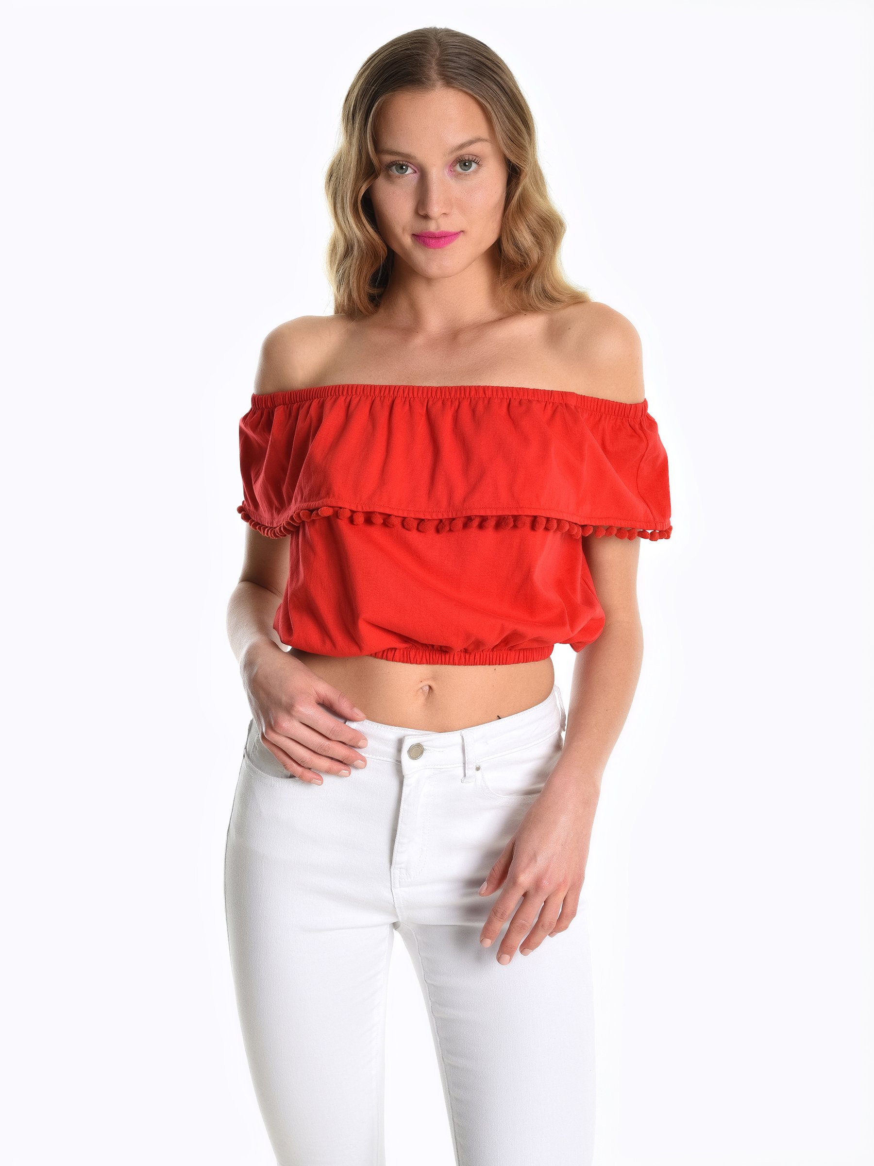 Off-the-shoulder crop top with ruffle | GATE