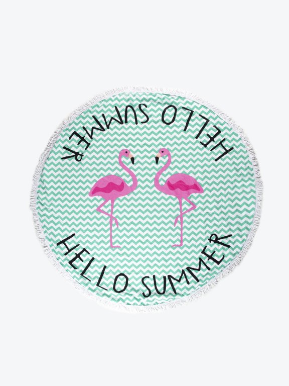 Beach towel with flamingo design and tassels