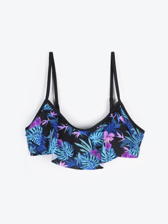 Floral print bandeau bikini top with ruffle