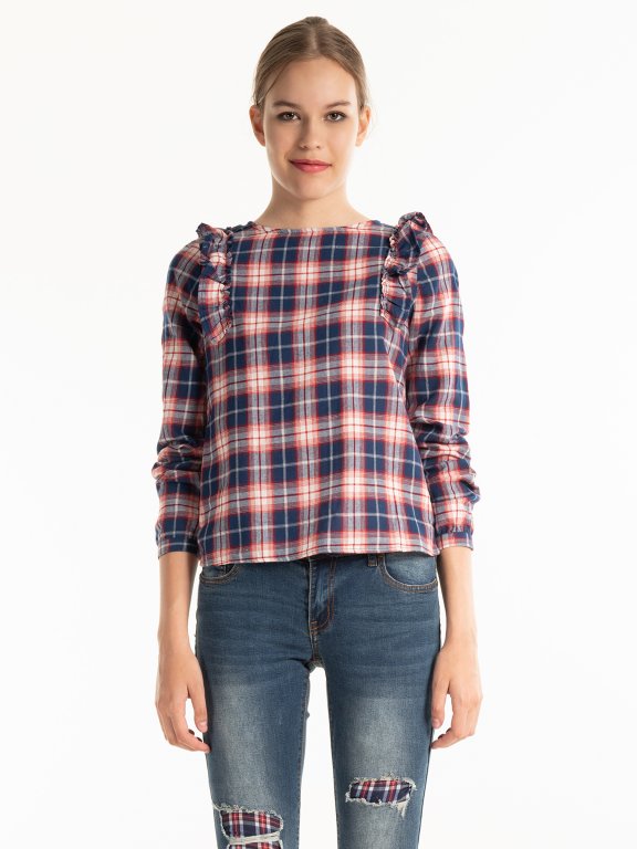 Plaid cotton blouse with ruffles