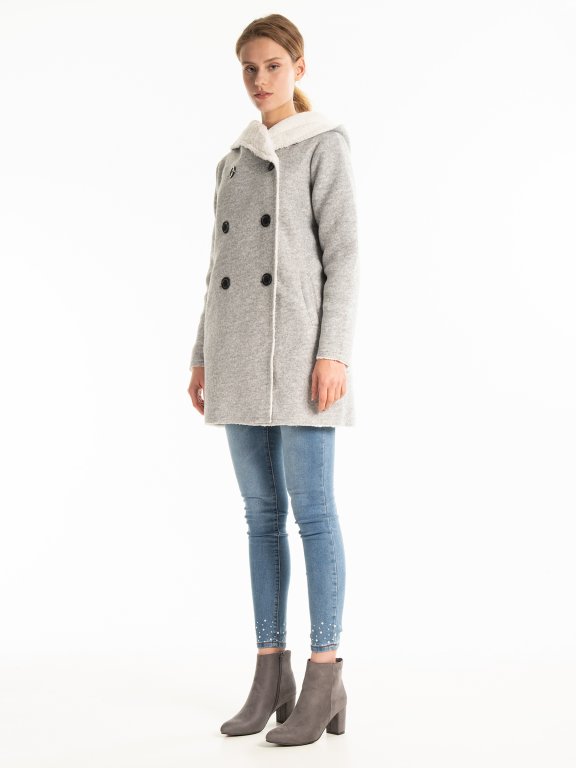 Pile lined double breasted coat with hood