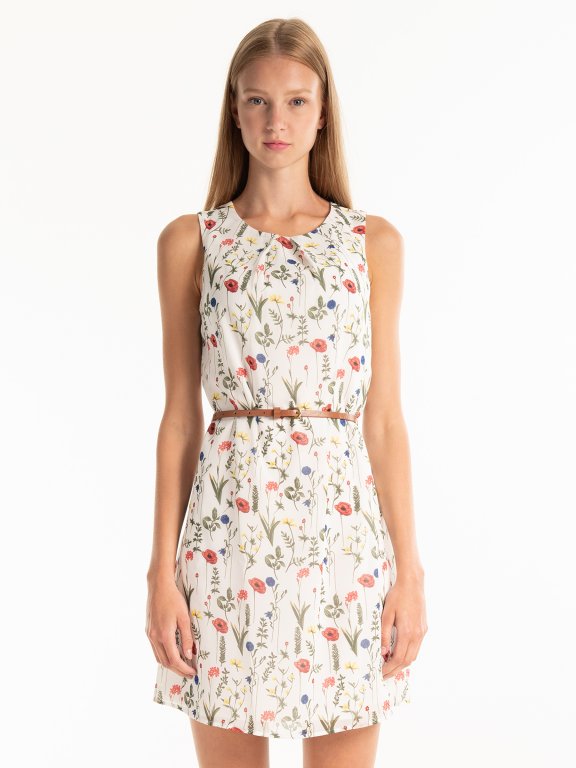 Floral print sleeveless dress with belt