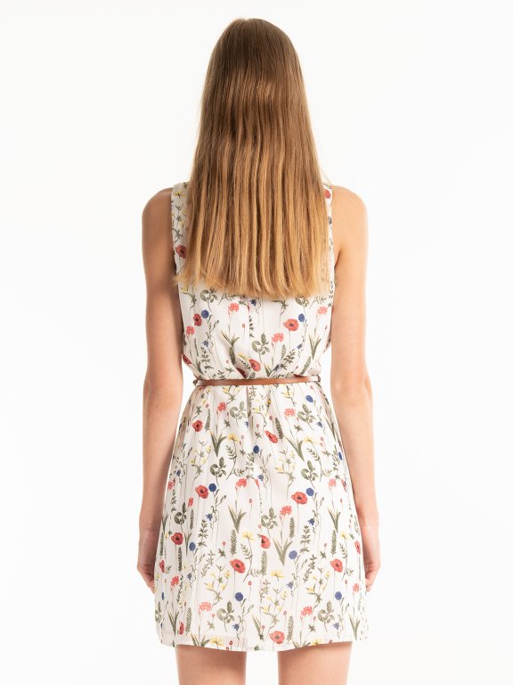 Floral print sleeveless dress with belt
