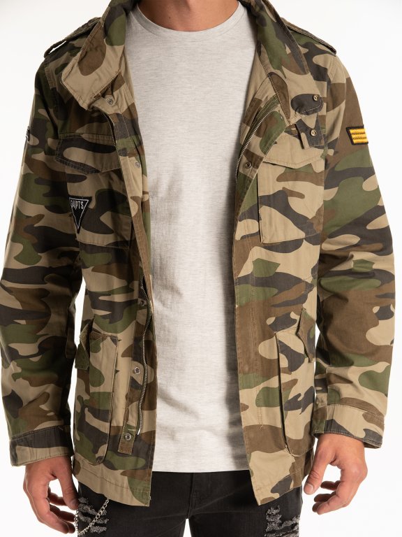 Camo print cotton parka with patches