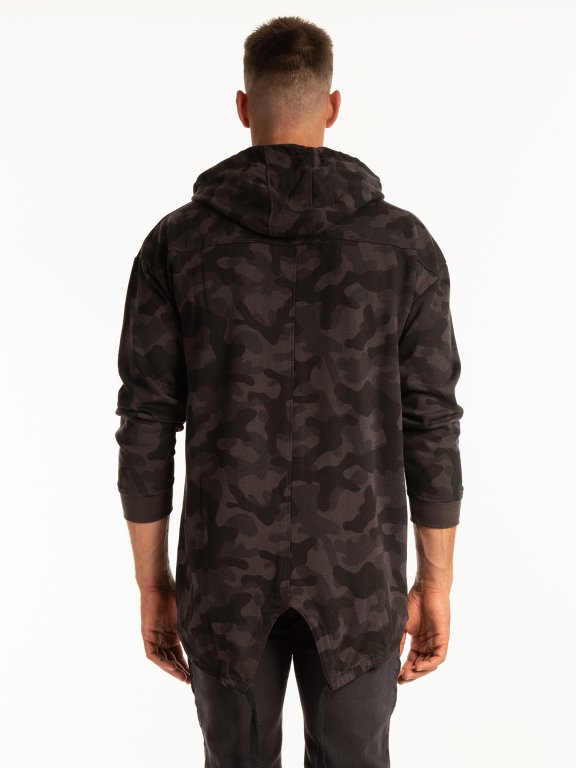 Longline camo print zip-up hoodie with fish tail