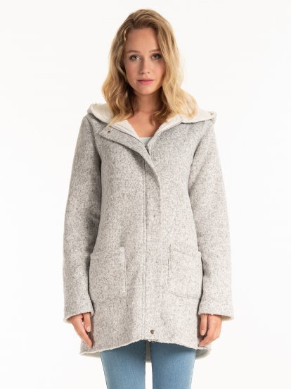 Pile lined plain coat with hood