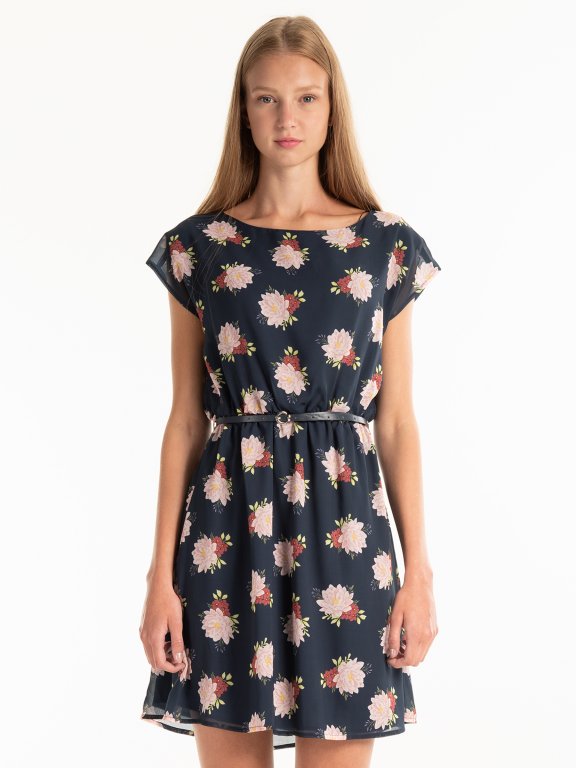 Floral print chiffon dress with belt