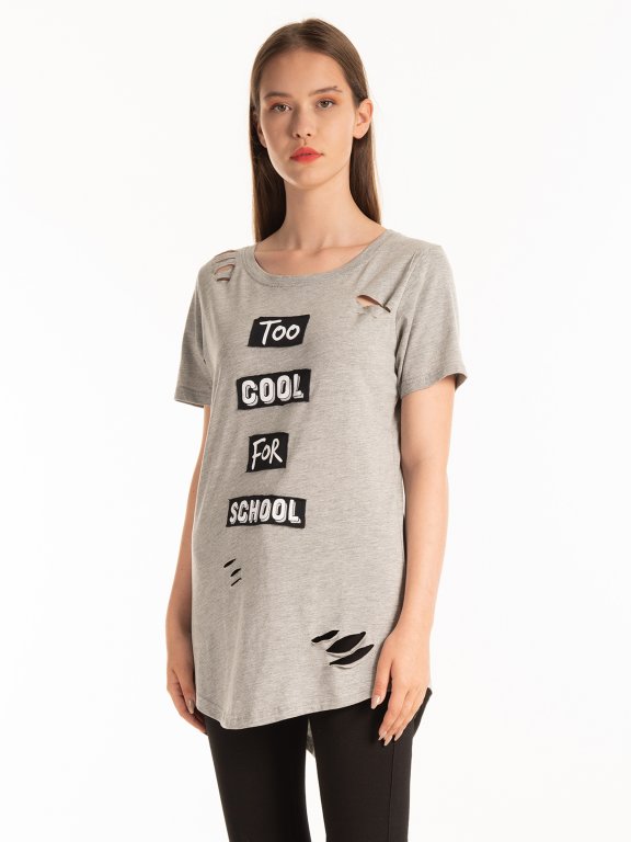 Distressed t-shirt with message print patches