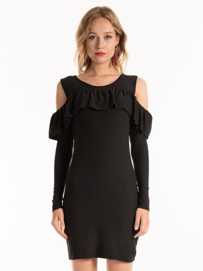 Cold-shoulder bodycon mini dress with ruffle detail
