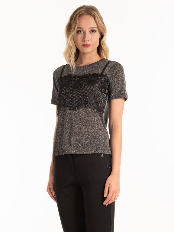 METALLIC TOP WITH LACE DETAIL