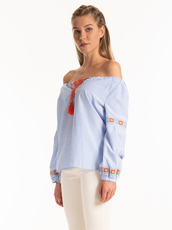 Striped a-line blouse with embroidery