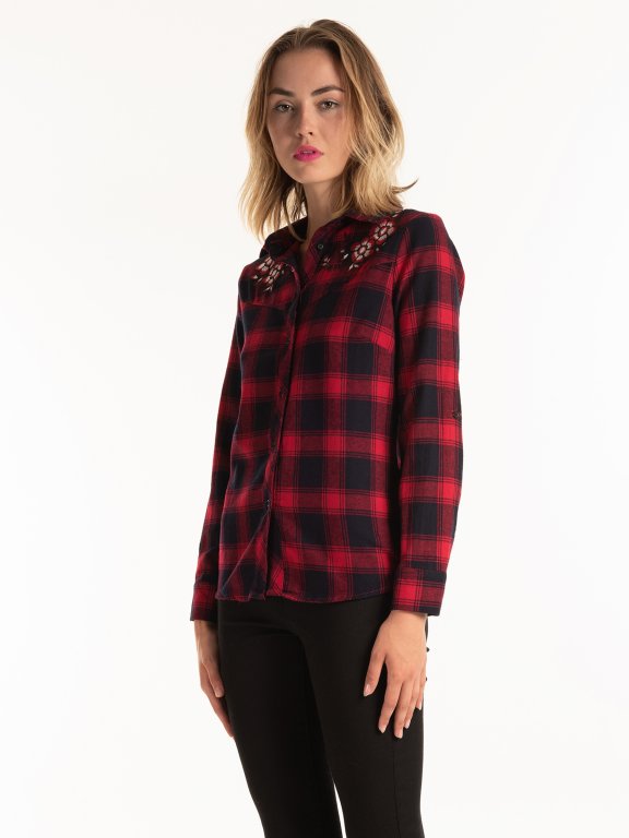 PLAID COTTON SHIRT WITH FLOWER EMROIDERY DETAIL