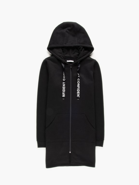 Longline zip-up hoodie with slogan print hood lace