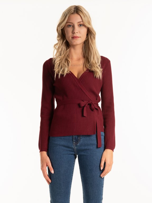Ribbed wrap sweater with belt