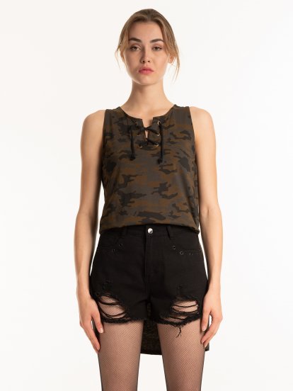 Camo print tank with front lacing