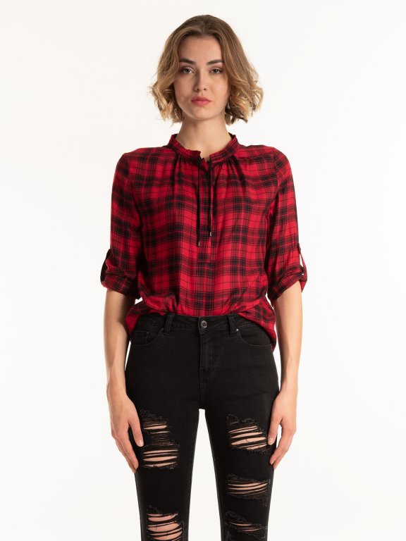 PLAID VISCOSE BLOUSE WITH FRONT LACING