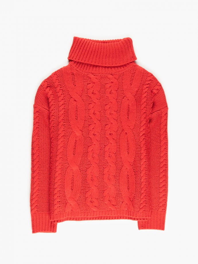 red cable knit roll neck jumper