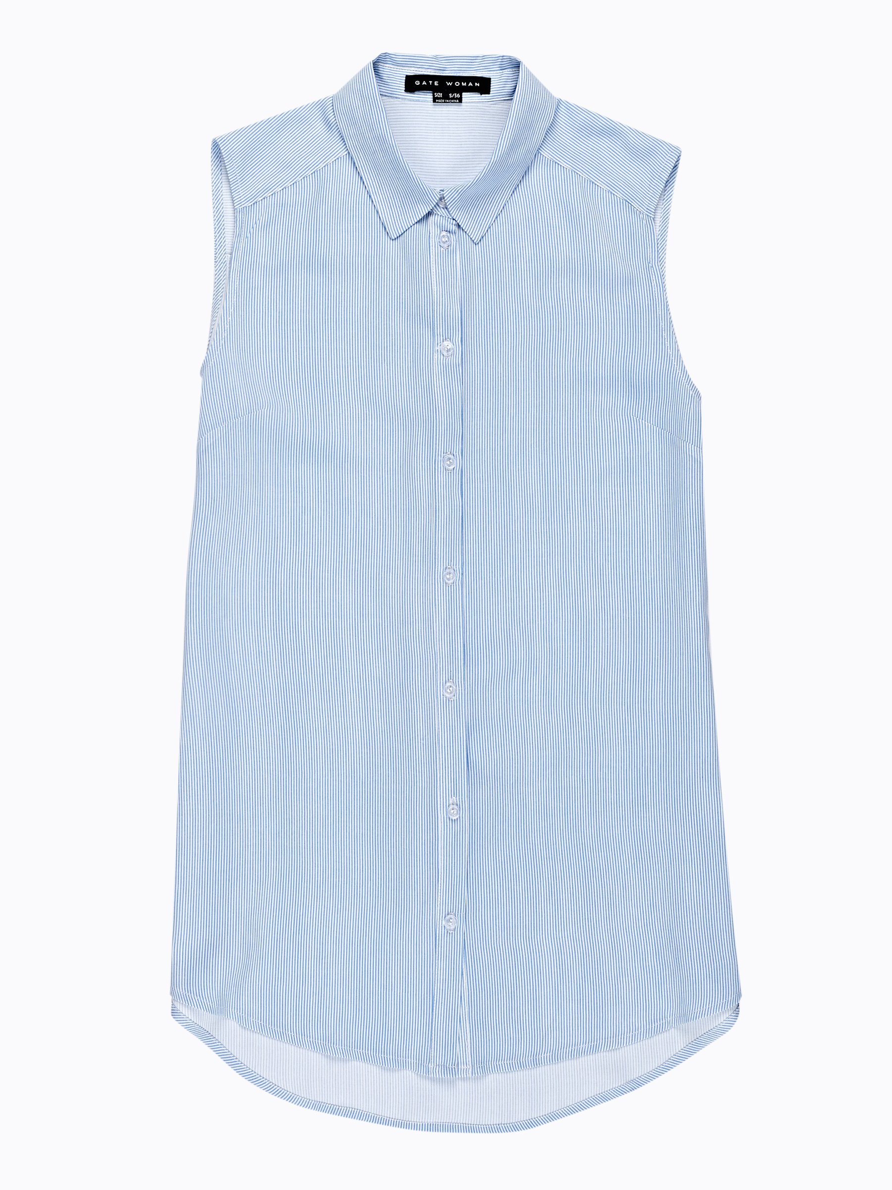 blue and white striped sleeveless shirt