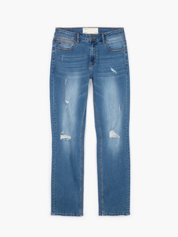 Regularne  jeansy z przetarciami
