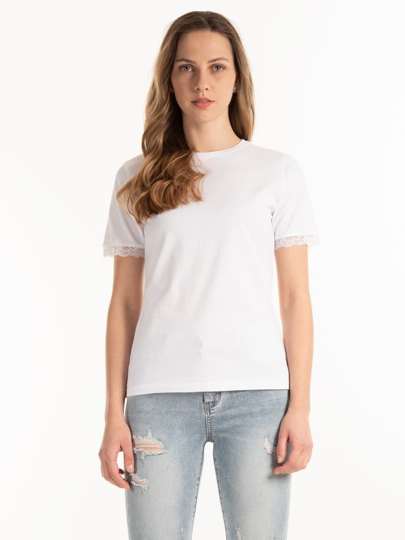 Základné bavlnené tričko s čipkou na rukávoch