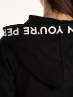 Zip-up hoodie with slogan on hood