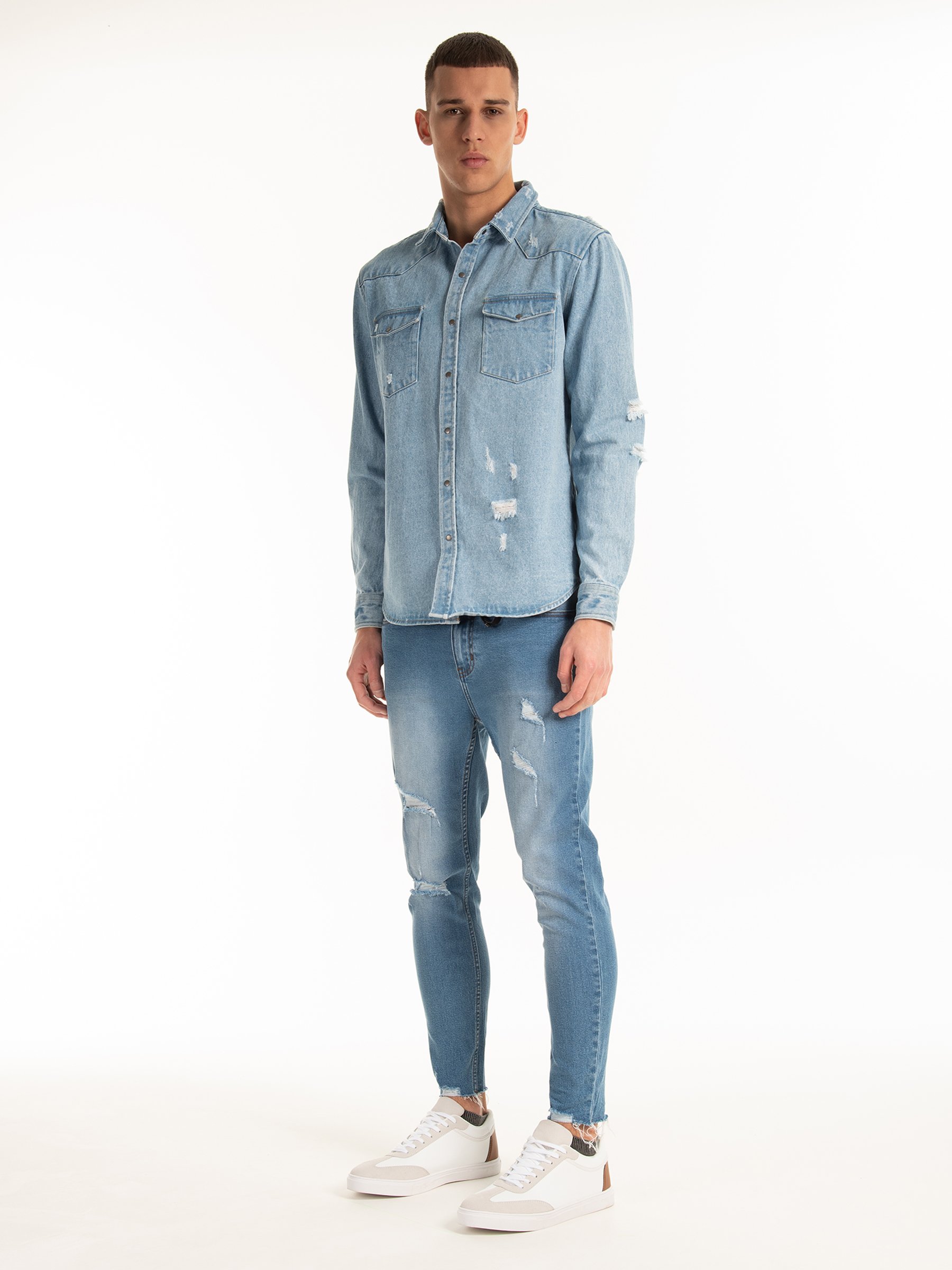 New Zara Ripped Denim Overshirt S Khaki shirt jacket coat denim jeans  western | eBay