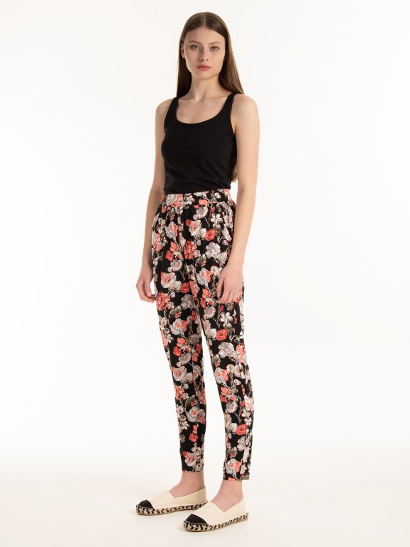 Floral print elastic trousers