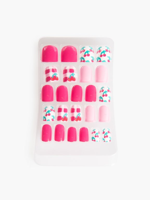 Cherries design pink artificial nails