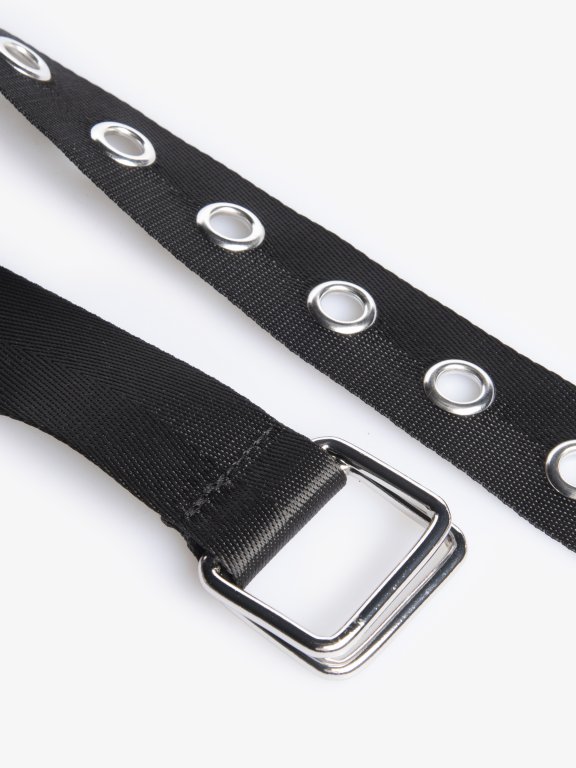 Textile belt with metal eyelets