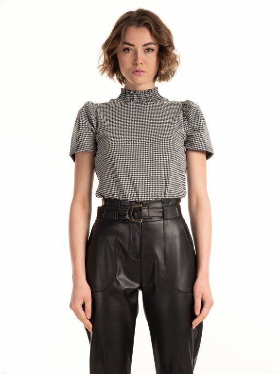 Houndstooth top with high collar