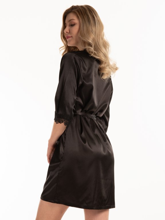 Satin dressing gown with lace | GATE