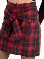 Plaid button down skirt with faux sleeve knot