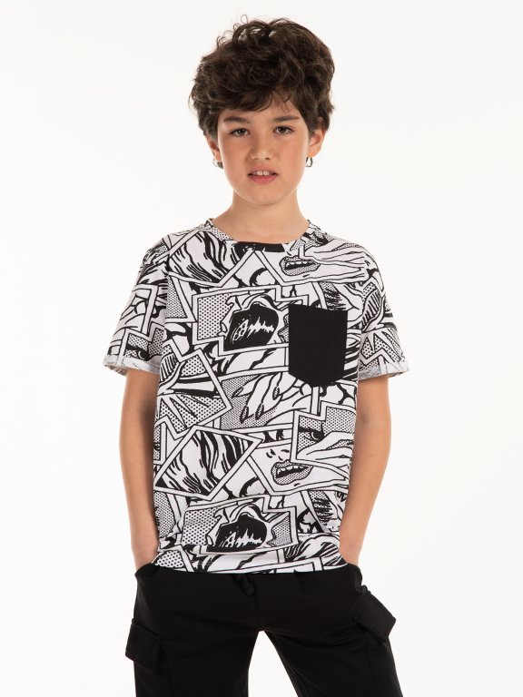 Printed cotton t-shirt with pocket