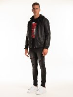 Faux leather bomber jacket with hood