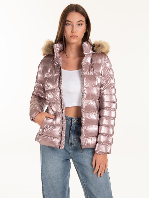Shiny quilted padded jacket with hood and faux fur
