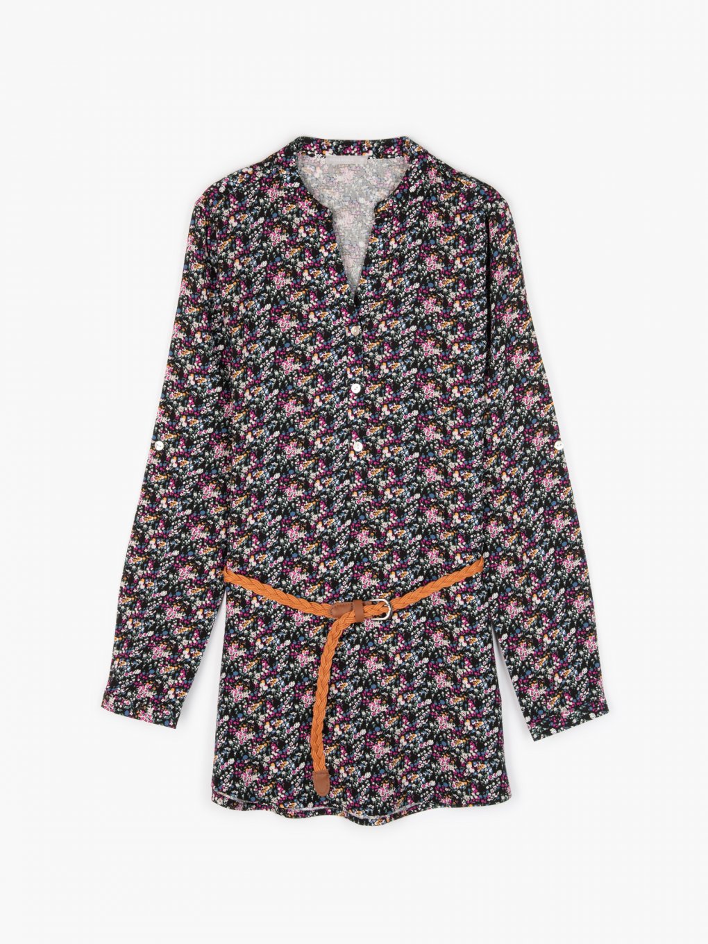 Longline belted viscose blouse with floral print