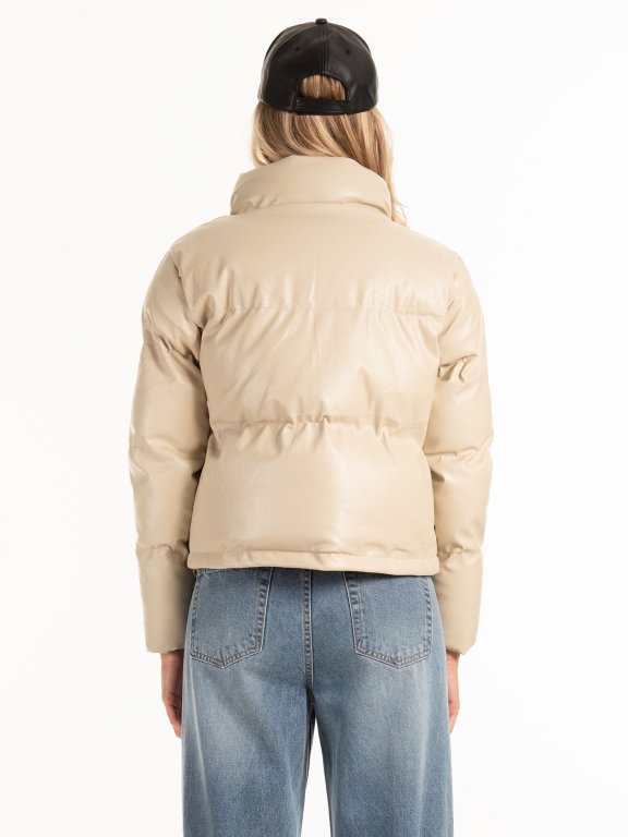 Padded zip-up faux leather bomber jacket with high collar