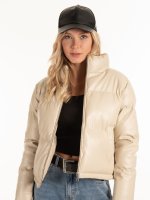 Padded zip-up faux leather bomber jacket with high collar