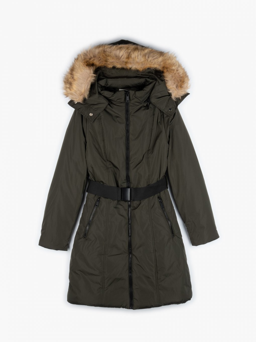 Padded zip-up jacket with belt and hood with faux fur