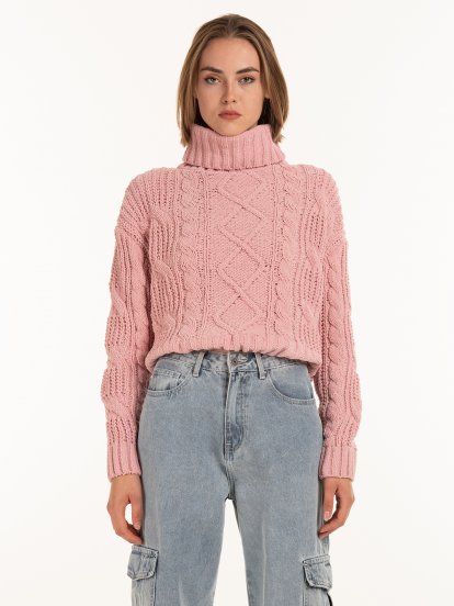Chenille cable knit roll neck jumper
