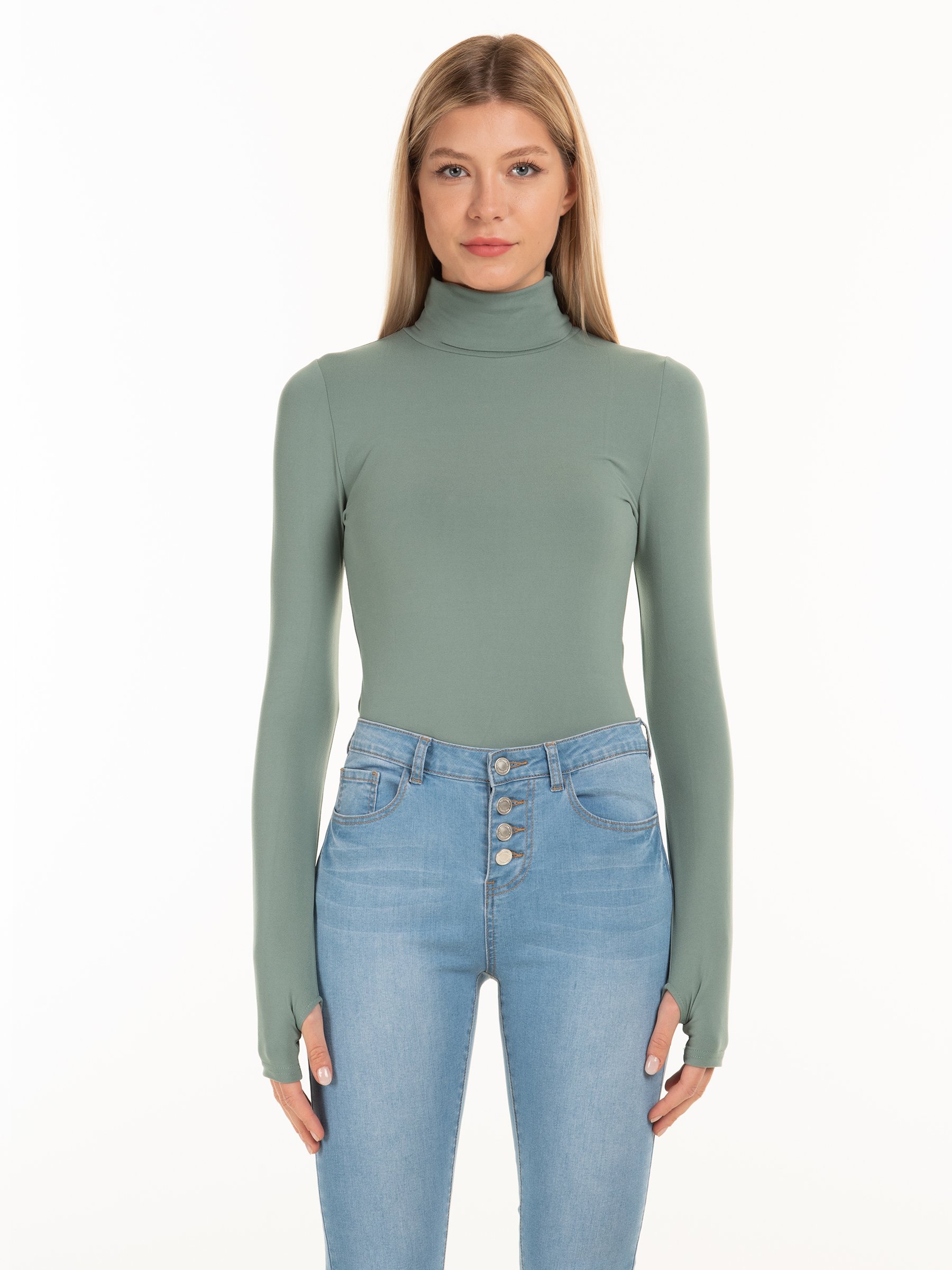 High collar long sleeve bodysuit with thumb hole detail