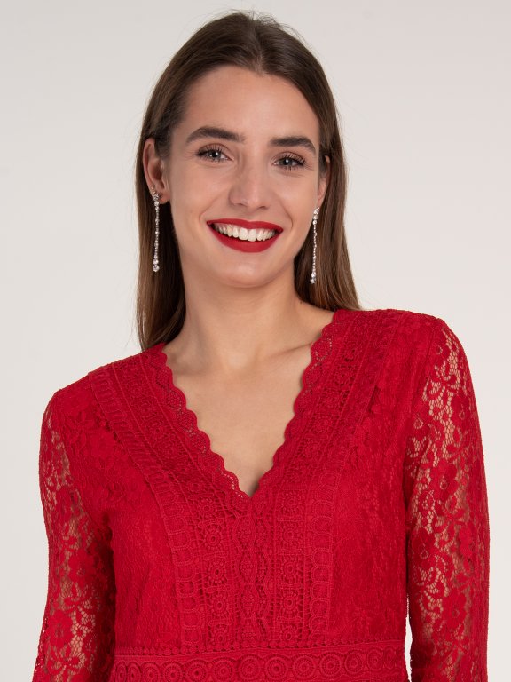 Lace a-line v-neck dress with long sleeve