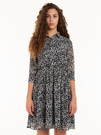 Pleated floral shirt dress with 3/4 sleeve