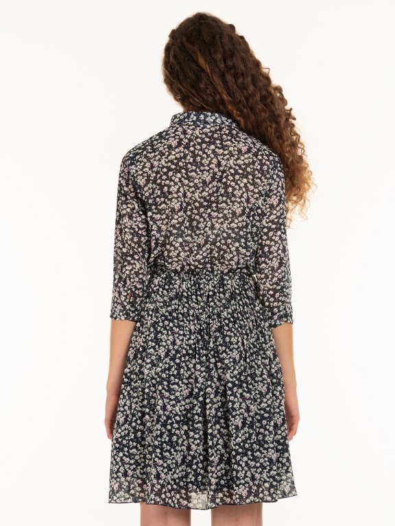 Pleated floral shirt dress with 3/4 sleeve